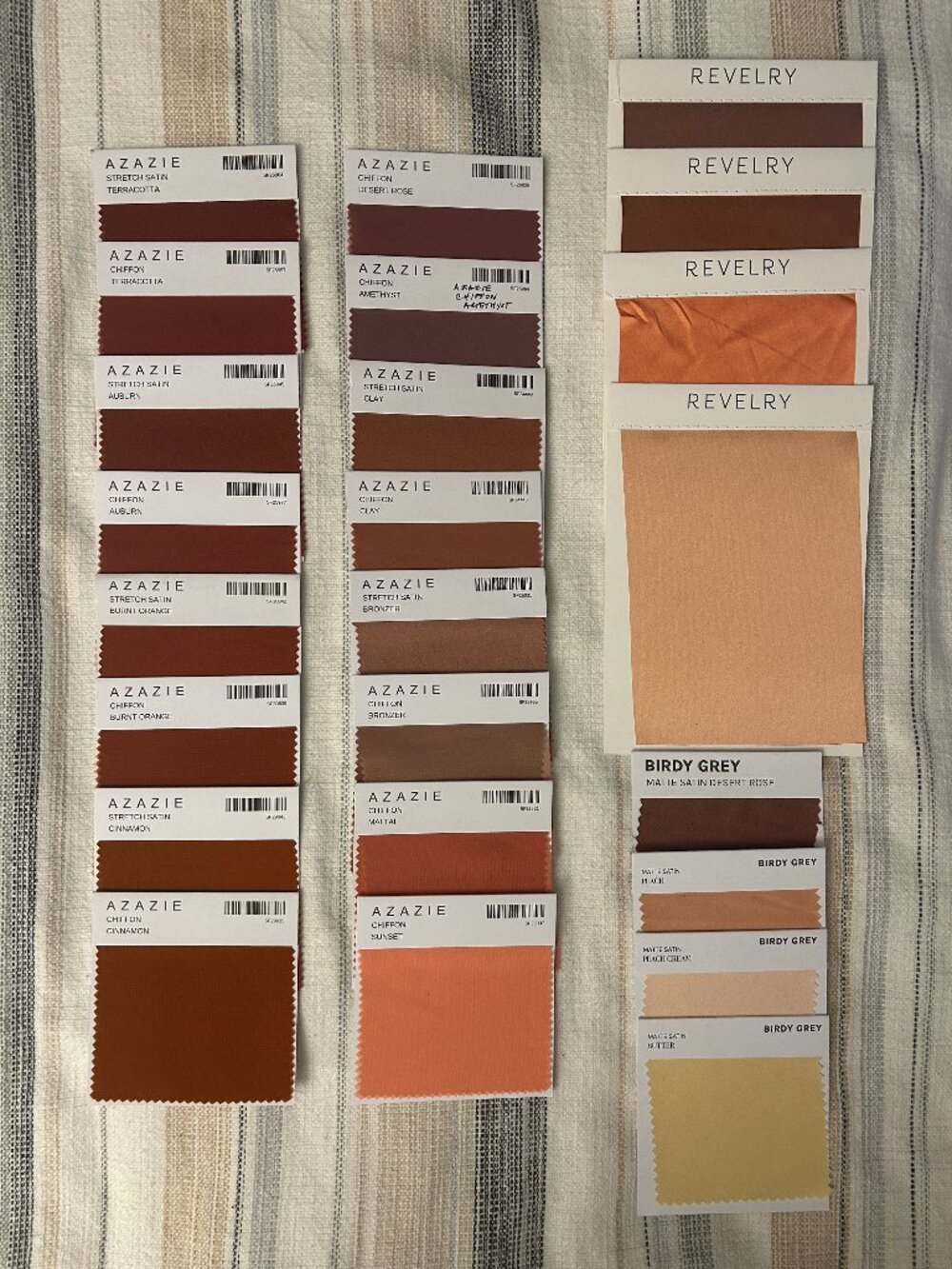 Azazie / Birdy Grey / Revelry - Warm Color Dress Swatches